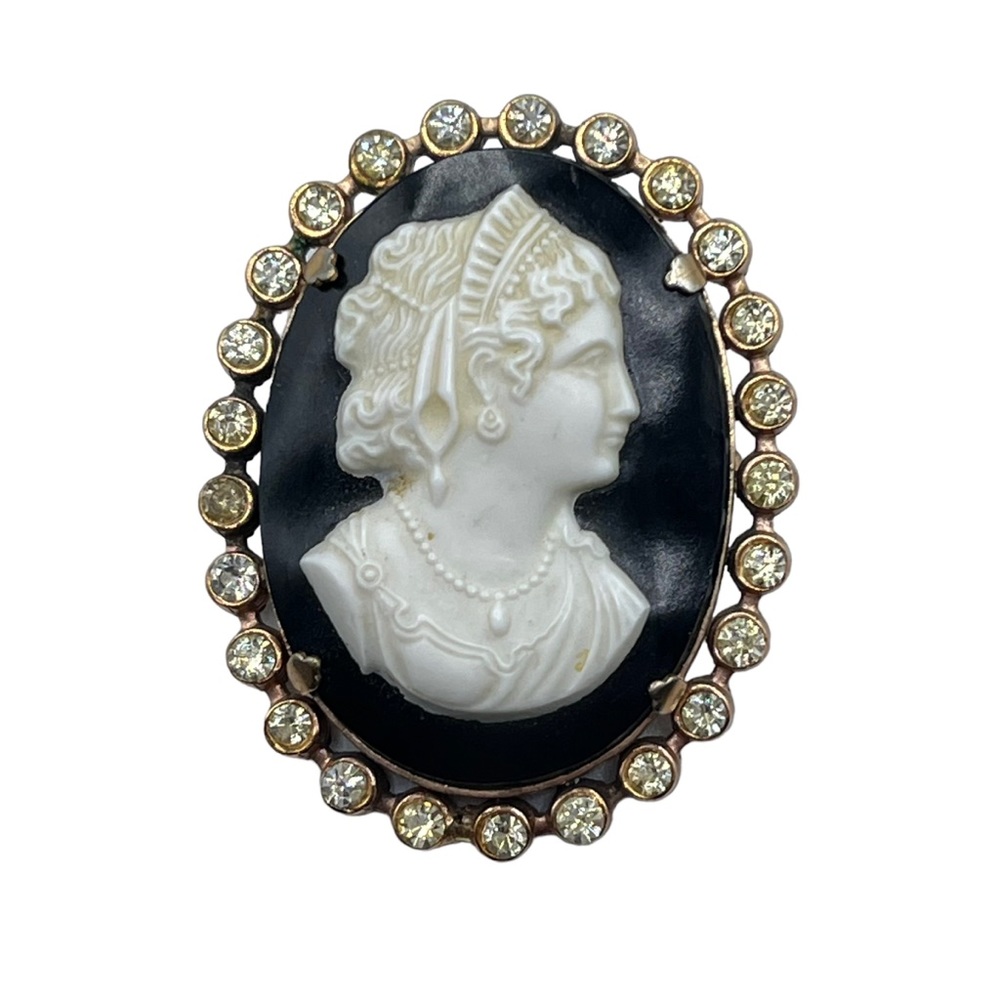 Vintage Clear Crystal Rhinestones Black & White Cameo Brooch Pin Collectible